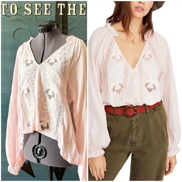 Free People Tops - Free People Sivan Clouds Embroidered Blouse Ballet Pink Long Sleeve Peasant Top